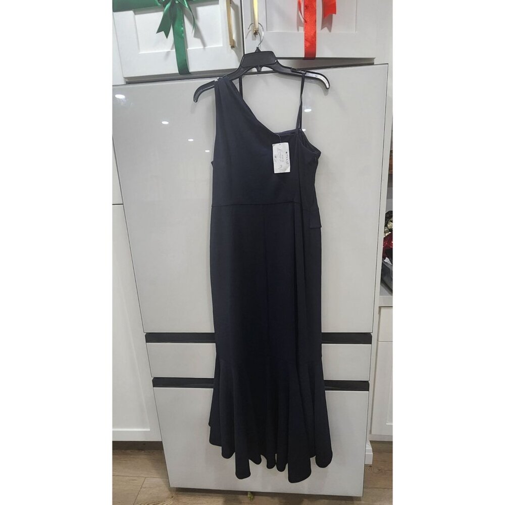 Adrianna Papell Studio Navy One-Shoulder Beaded Ruffle Gown Size 12 Formal Eveni